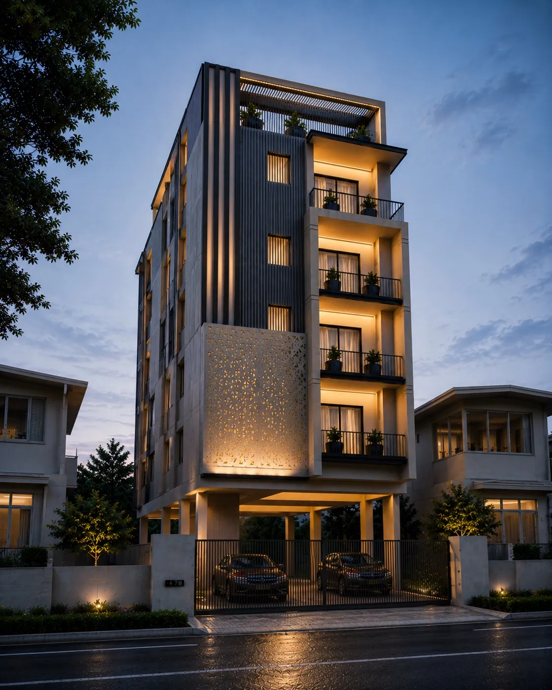 Night render of Advaay seen at an angle from across a wet street, the jaali screen and balconies lit from within