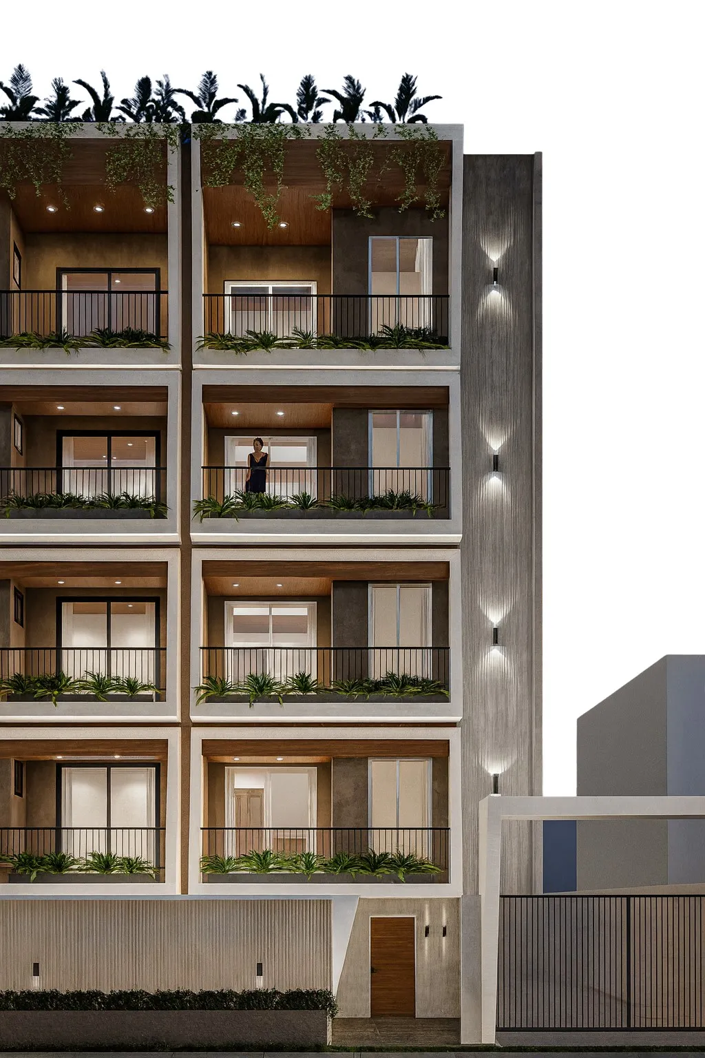Render of the building's side, showing stacked planted balconies beside a fluted service core with wall lights