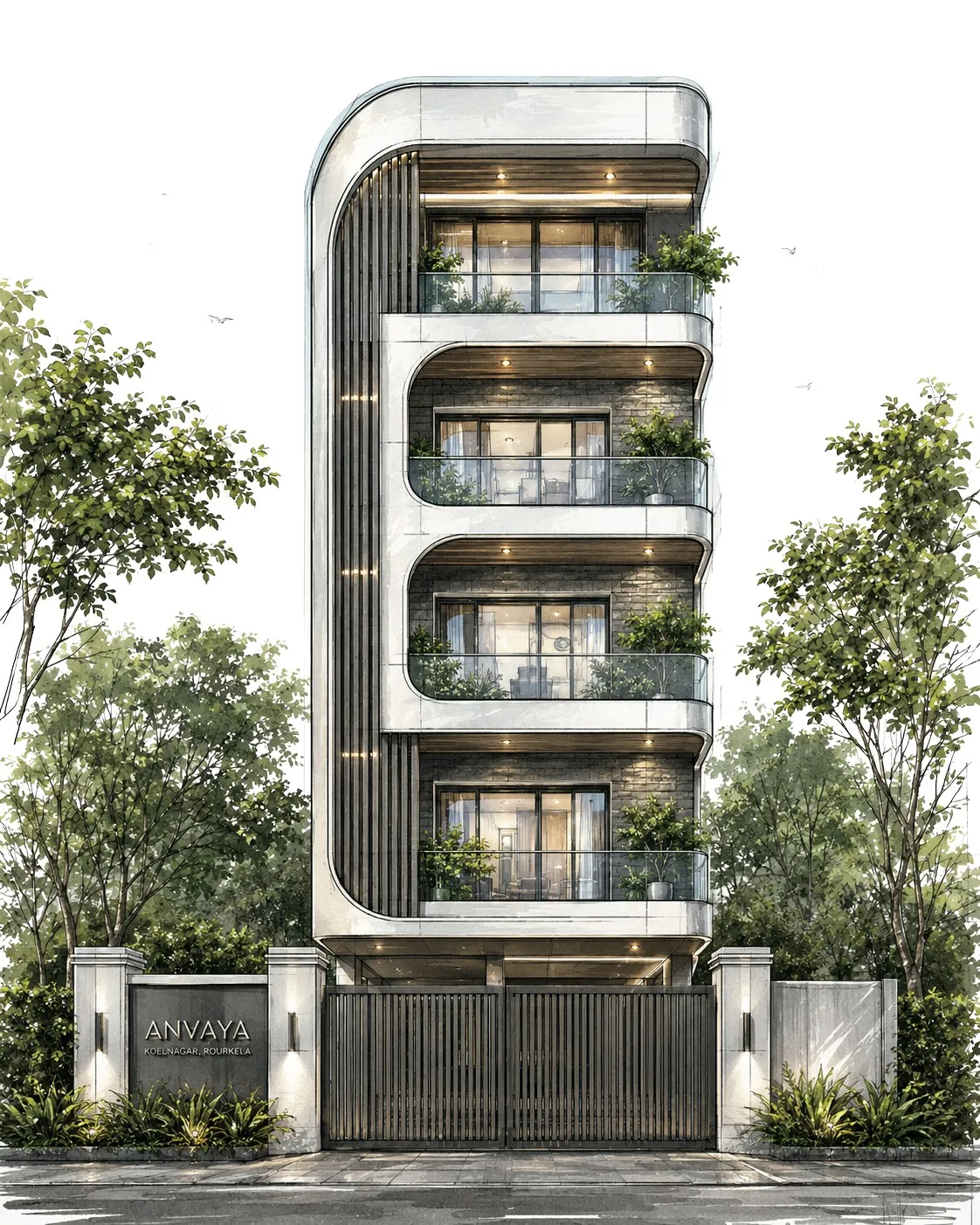 Watercolour-style elevation study of Anvaya between trees, with the gate signage reading Anvaya, Koelnagar, Rourkela