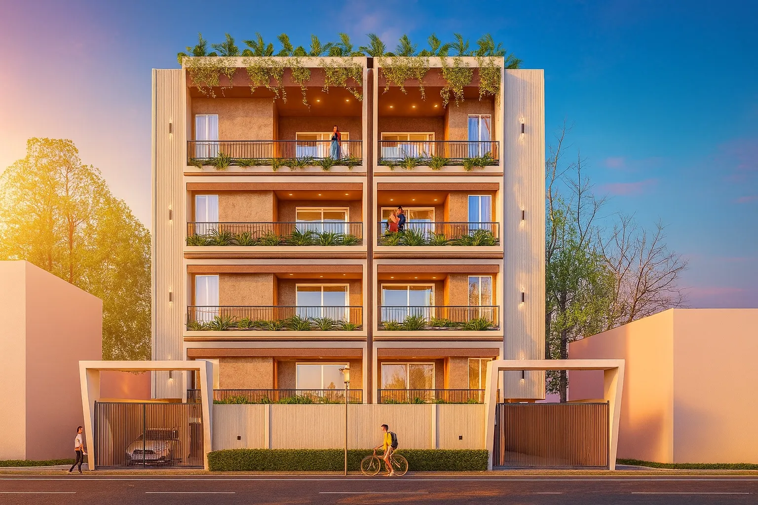 Sunset render of Serene Residences — a four-storey park-facing building in warm plaster tones with planted balconies, rooftop greenery and twin gated entrances