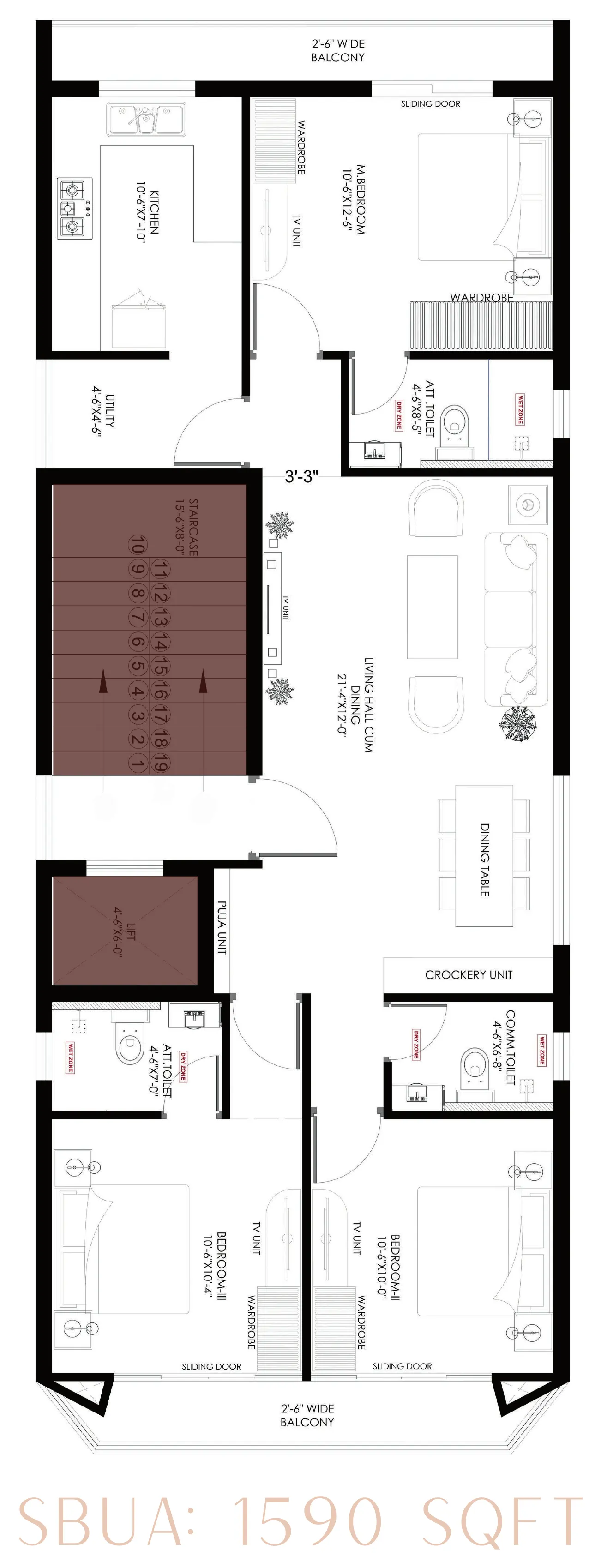 Measured floor plan of a three-bedroom residence with living-and-dining hall, kitchen, utility, three attached toilets, puja unit, lift, staircase and balconies at both ends