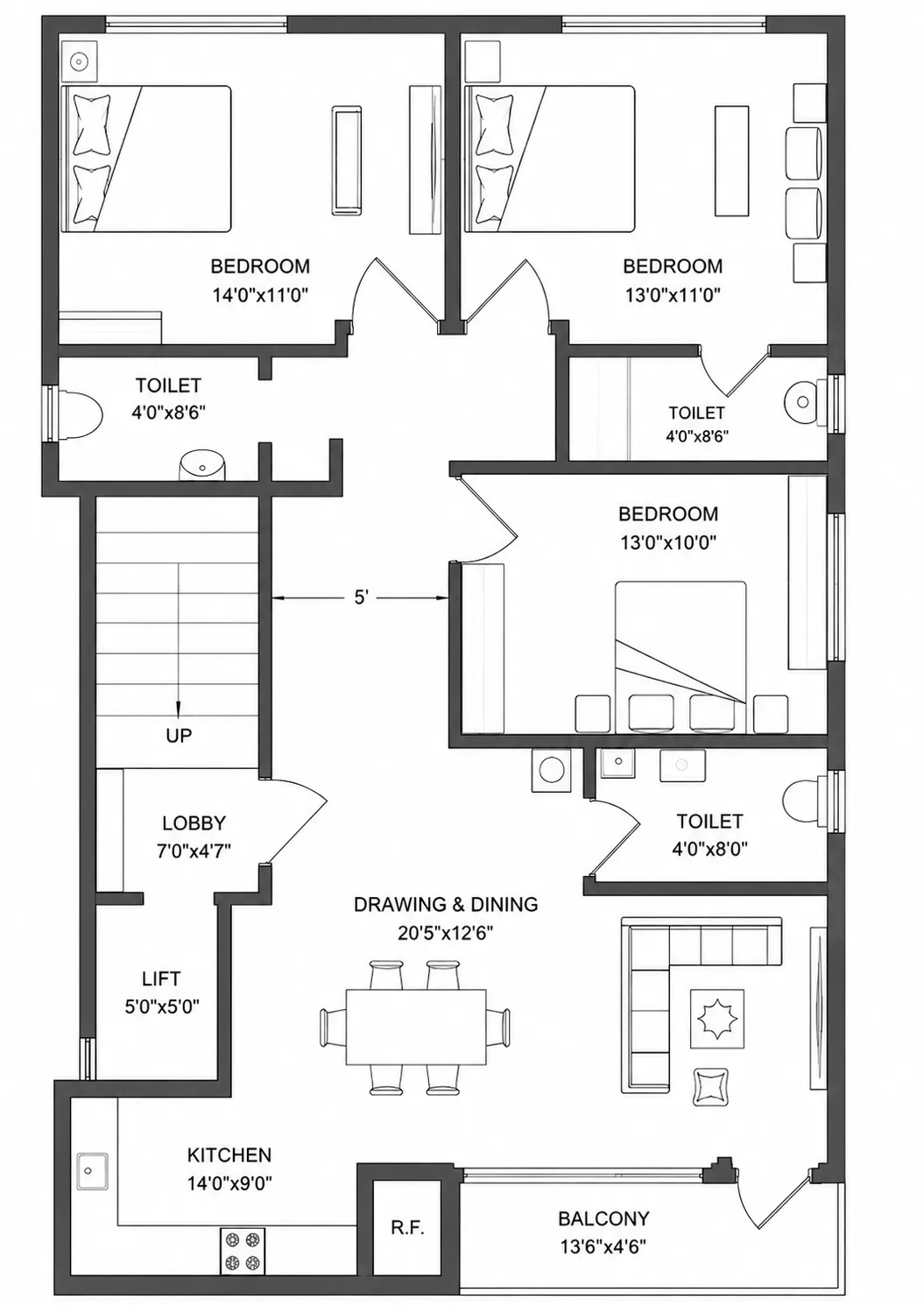 Measured floor plan of a three-bedroom residence with drawing-and-dining room, kitchen, three toilets, lobby, lift and balcony