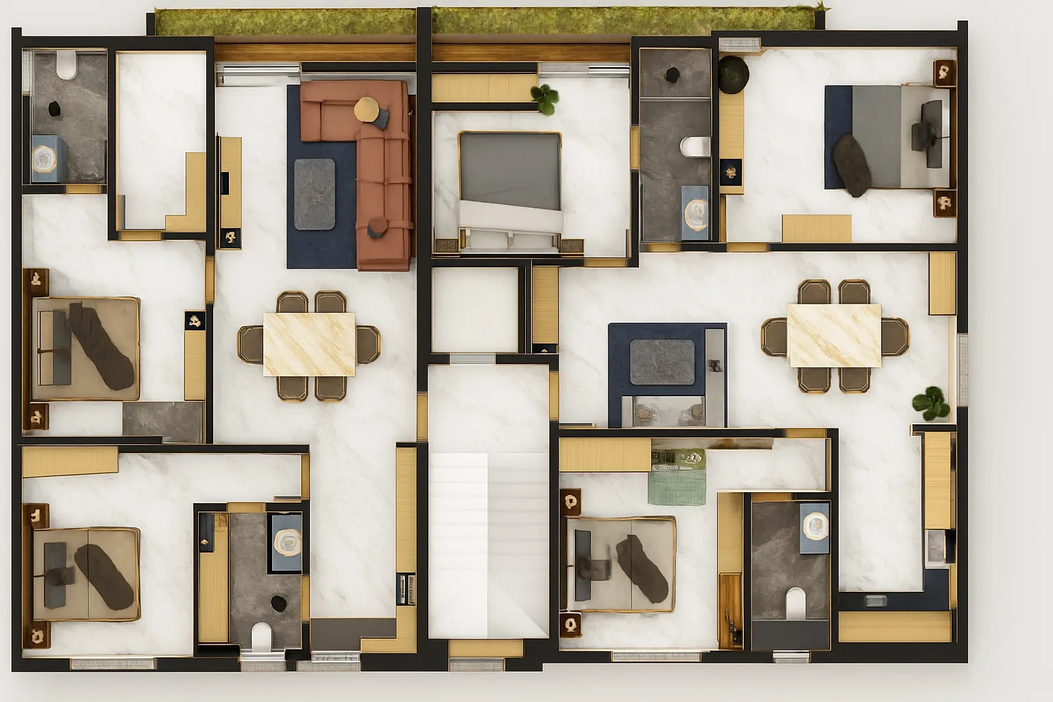 Rendered top view of a full floor, showing two furnished apartments either side of the lift and lobby core