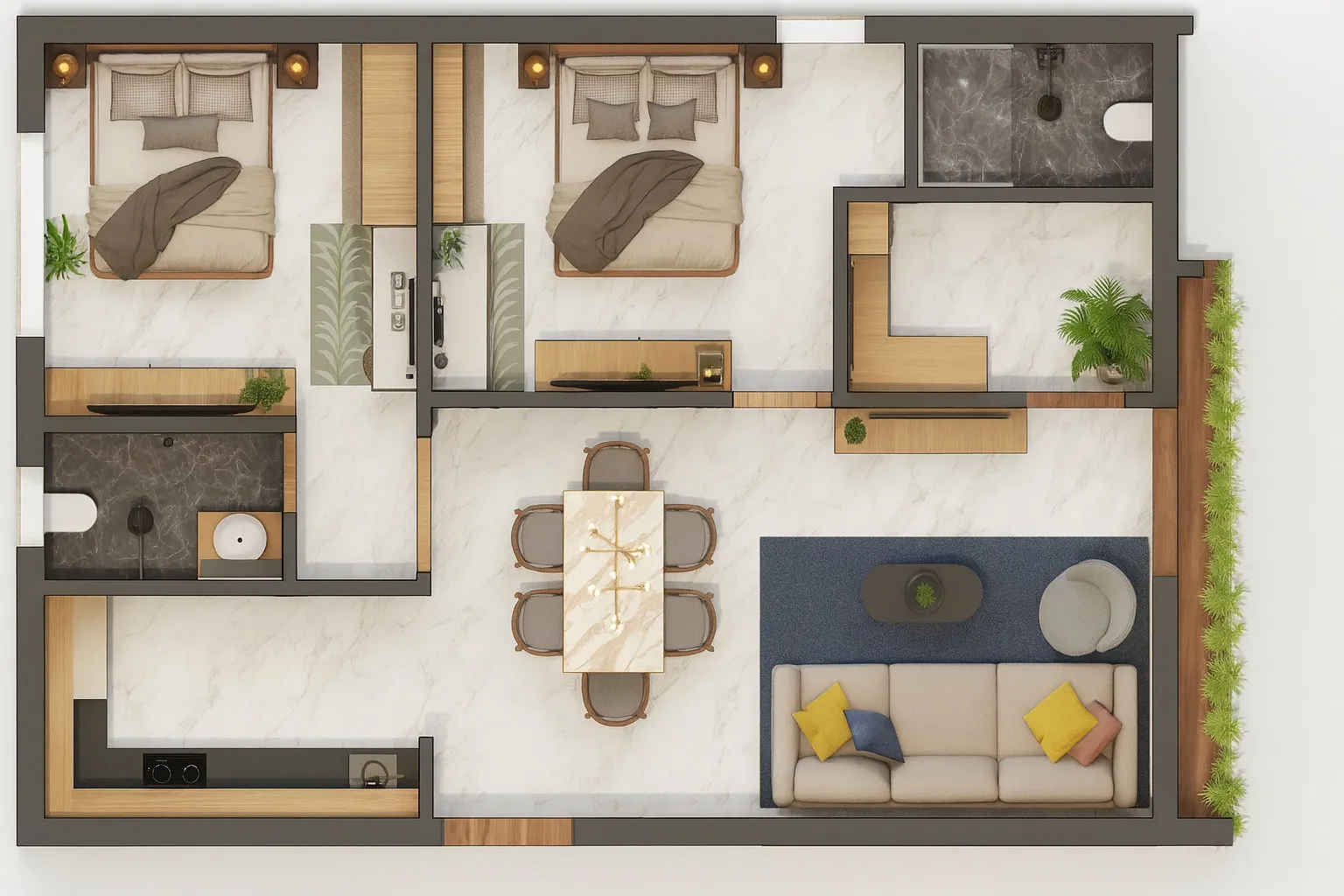 Rendered floor plan of the two-bedroom home with a servant, store or study room, living-and-dining space and balcony