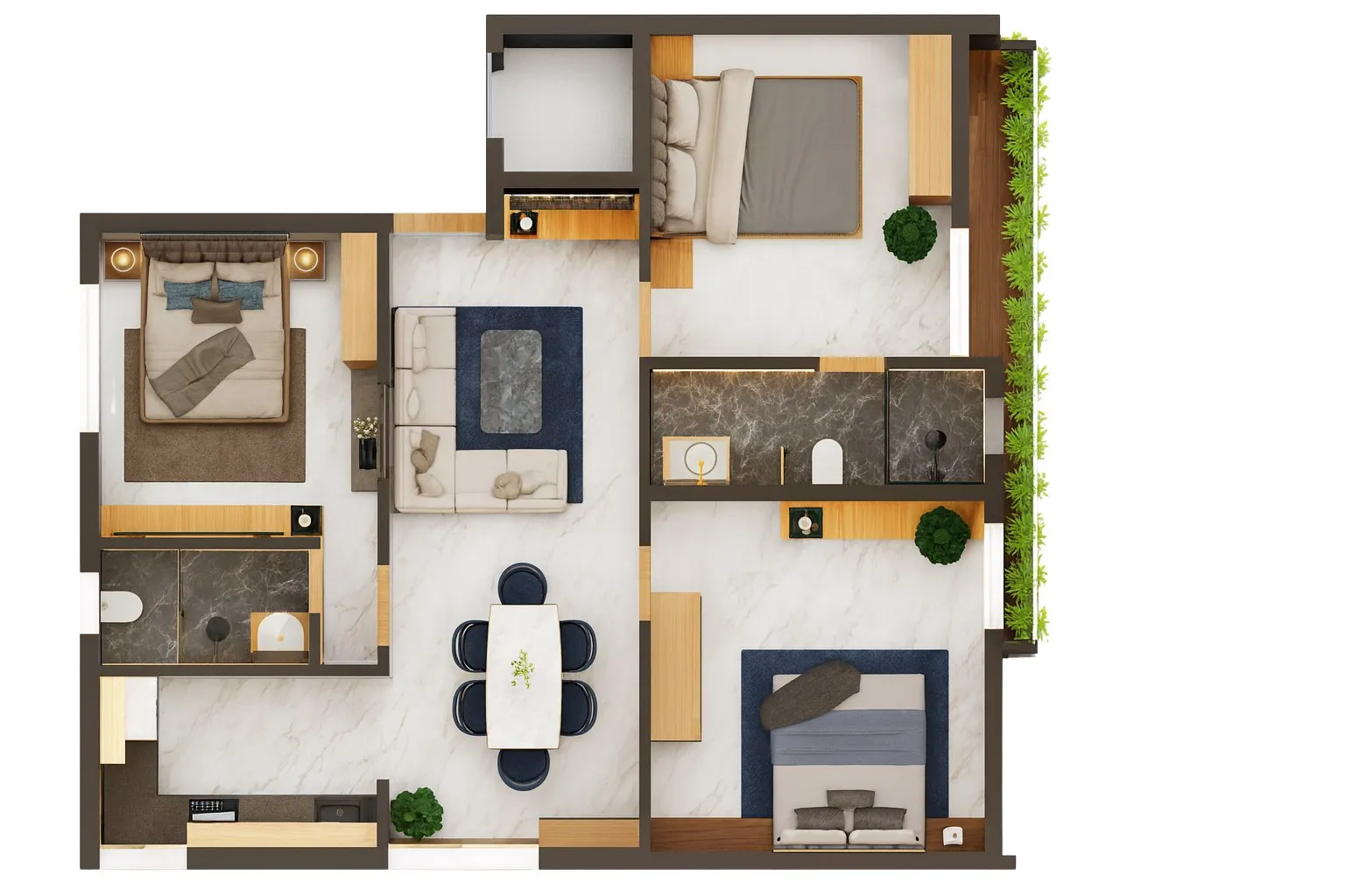 Rendered floor plan of the three-bedroom home with living-and-dining space, kitchen and balcony